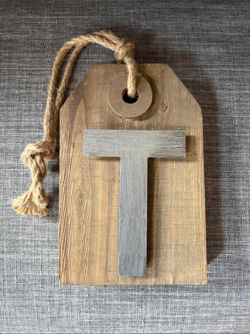 Wood Tag Wall Accent with Gray Letter T